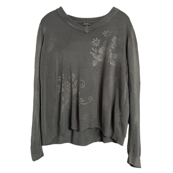 Eddie Bauer Gray Button Down Cardigan Flower Applique Sz M GUC - Picture 2 of 11